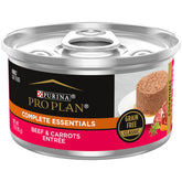 Purina Pro Plan pate sin granos de res con zanahorias, lata de 3 oz, ideal para gatos adultos.