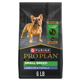 Purina Pro Plan para razas pequeñas, frente de envase, croquetas cordero y arroz, ideal para perros pequeños activos.