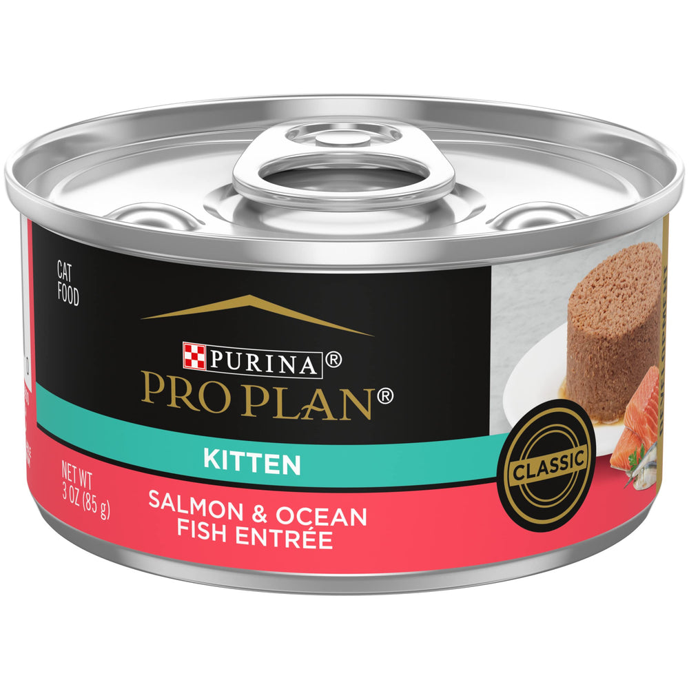 Purina Pro Plan Gatito Salmón en lata, sabor real para crecimiento saludable.