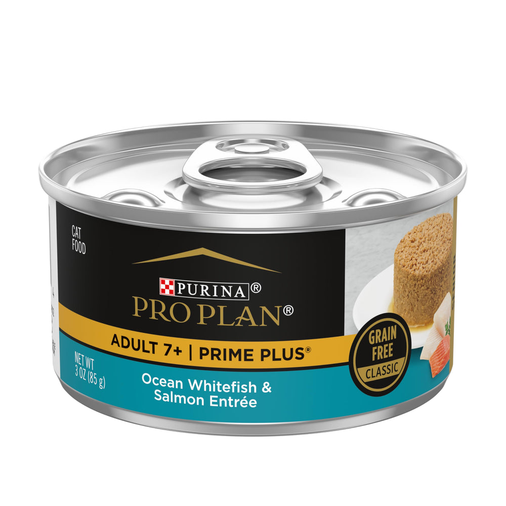 Purina Pro Plan Senior Gato Pate bacalao del oceano y salmón, sabor completo para gatos mayores.