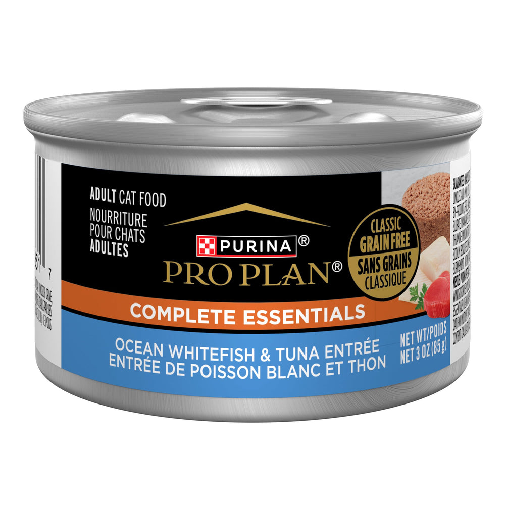 Purina Pro Plan sin cereales con pescado blanco del océano y atún, lata de 3 oz en pack de 24.