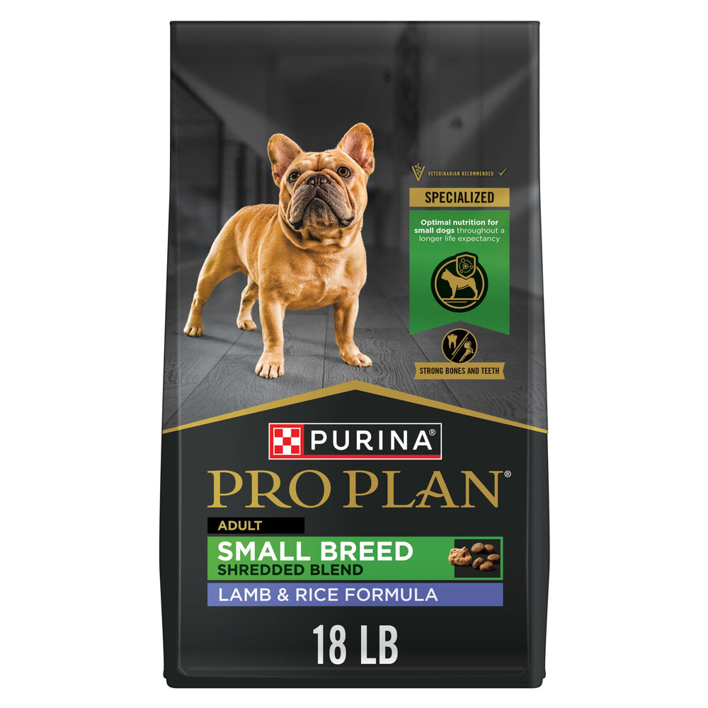 Purina Pro Plan Small Breed croquetas crujientes y trozos de cordero y arroz.
