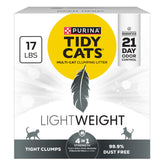 Purina Tidy Cats LightWeight 4-en-1 en caja de 17 libras, manejo cómodo para multigatos.