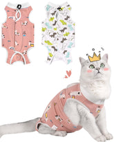 Purrpurrpets suit recuperación gato, vista frontal, cómodo tras cirugía.