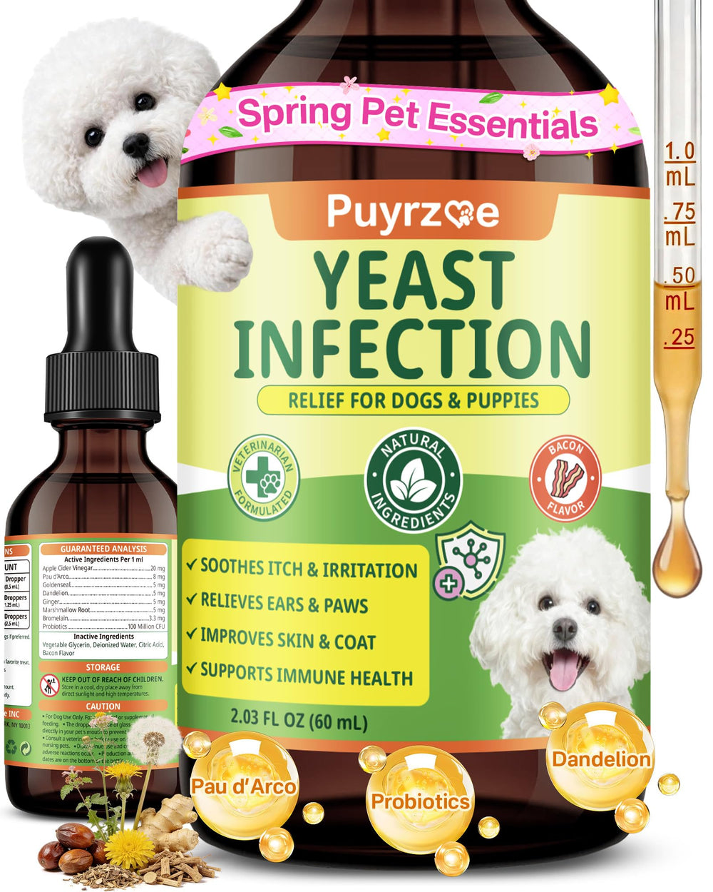 Puyrzoe gotas para infecciones en perros, enfoque en orejas y picor aliviado.