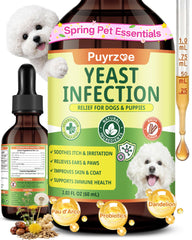 Puyrzoe gotas para infecciones en perros, enfoque en orejas y picor aliviado.