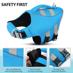 Queenmore chaleco salvavidas para perro pequeño, vista lateral, alta visibilidad en exteriores.