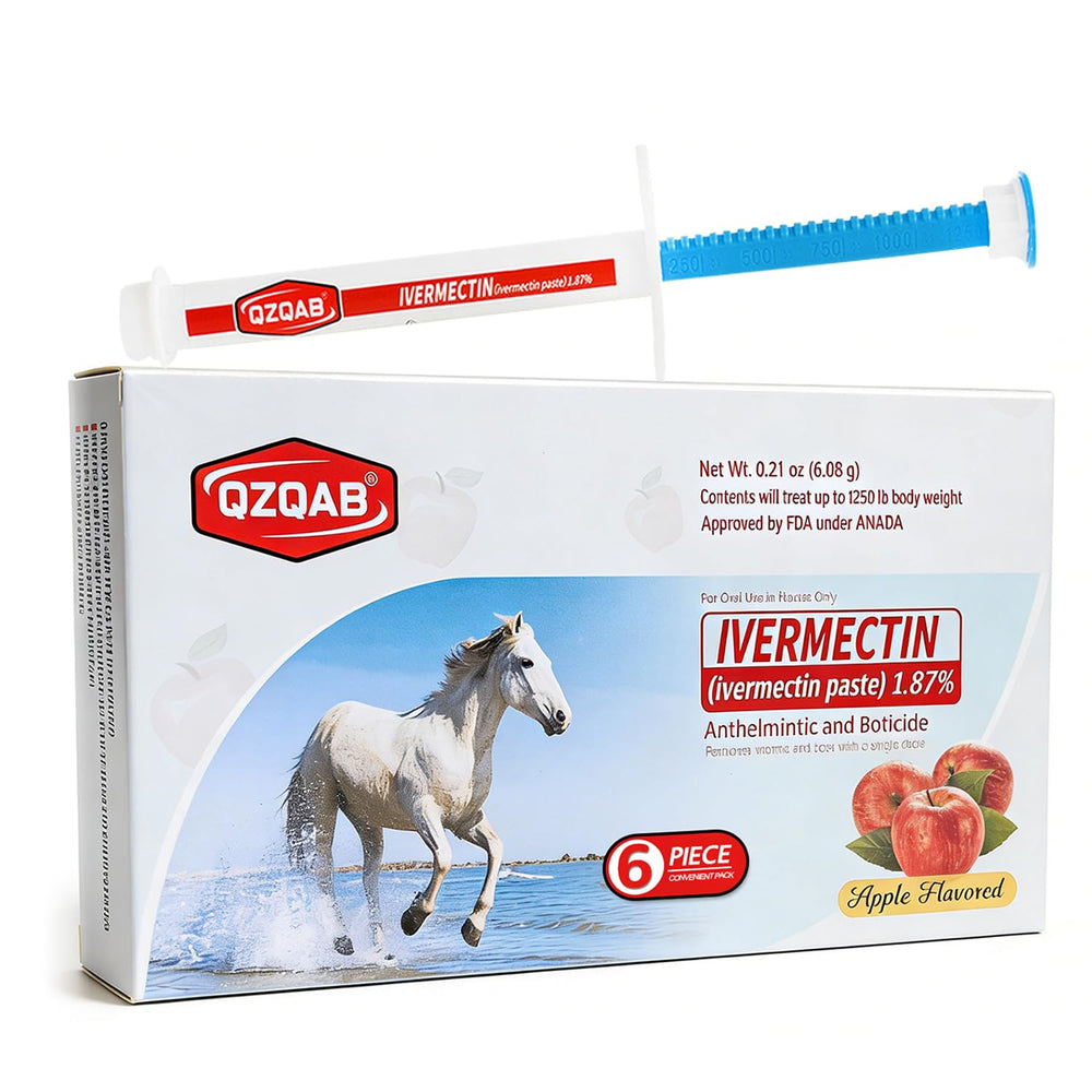 Pasta ivermectina QZQAB para caballos en envase listo para dosis.