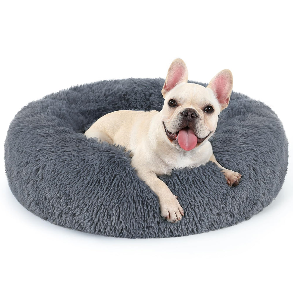 Cama Rabbitgoo para perro pequeño, vista lateral, diseño redondo tipo nido para descanso cómodo.