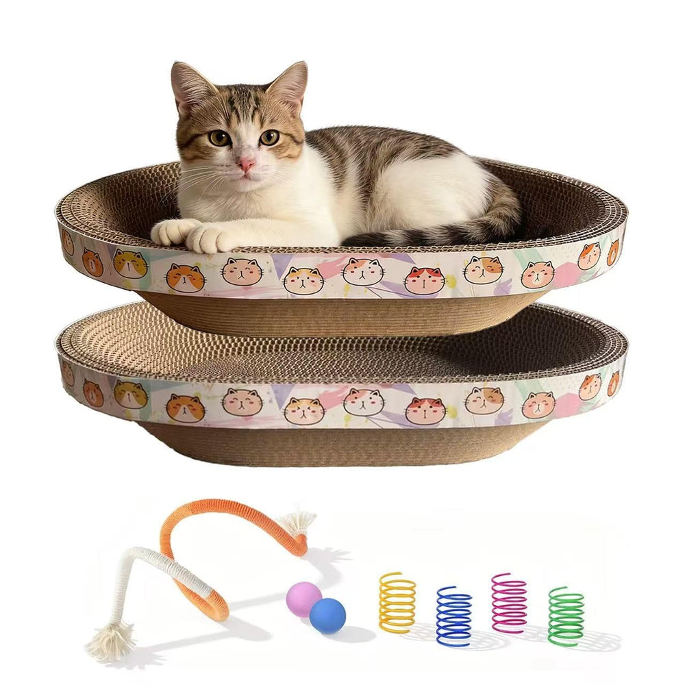 Rascador-gatos-carton-oval 16.7x12.8 pulgadas, protege muebles y fomenta juego.