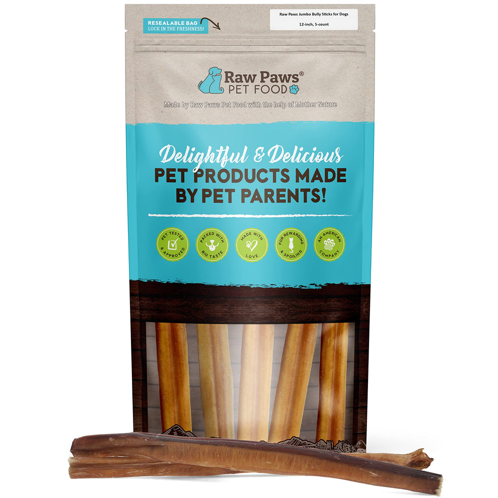 Raw Paws palitos pizzle grandes de 12 pulgadas para masticación prolongada en perros grandes.