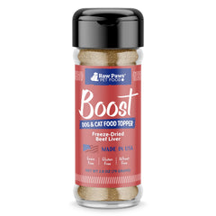 Raw Paws Boost frasco de hígado de res liofilizado para perros y gatos.