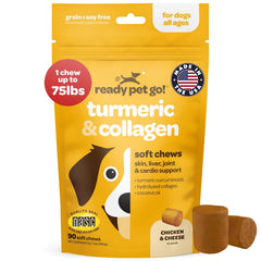 Ready Pet Go, cĂşrcuma para perros, masticables suaves para apoyo articular.