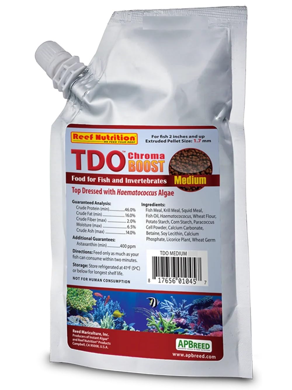 Reed Mariculture TDO Chroma Boost: pellet medio para peces, favorece coloración y nutrición diaria en acuario.