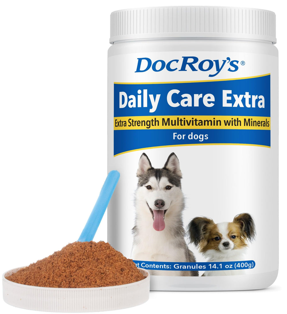 Envase de Doc Roy's Daily Care Extra Canine de Revival Animal Health, soporte nutricional diario.