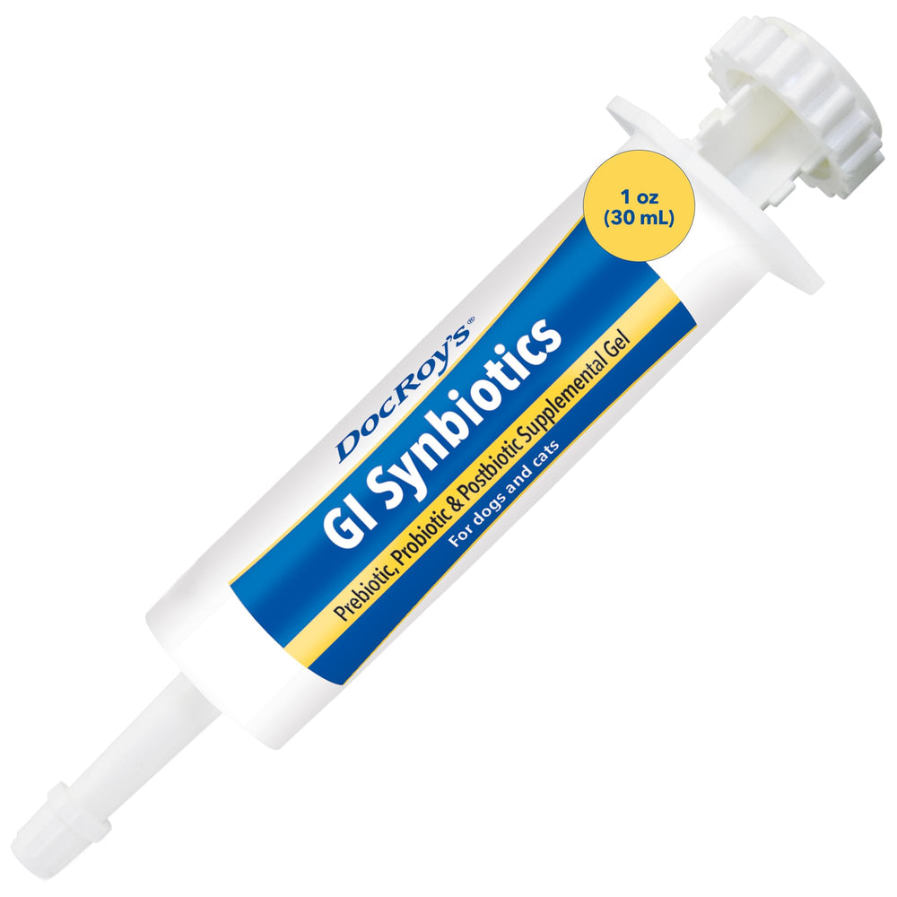 Presentación de Doc Roy’s GI Synbiotics Gel para perros y gatos, fácil de usar.