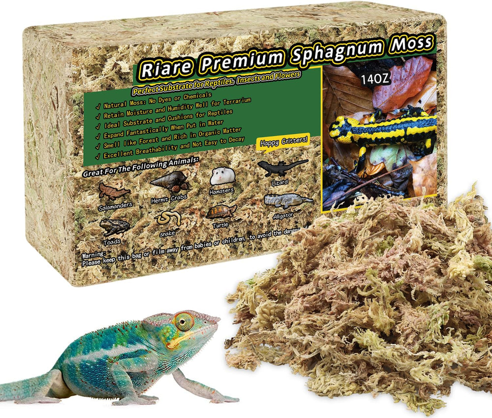 Riare Musgo Sphagnum premium 14oz en empaque listo para terrarios, retiene humedad.