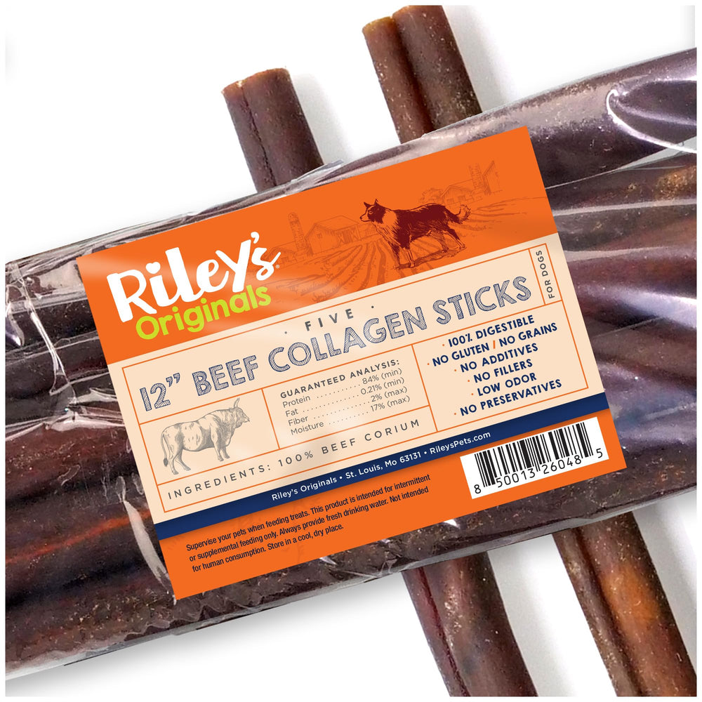 Riley's palitos de colágeno de res 12 pulgadas en empaque, masticación duradera.