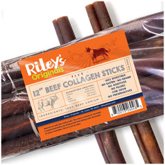 Riley's palitos de colágeno de res 12 pulgadas en empaque, masticación duradera.