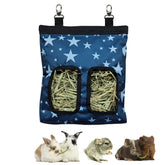 RIOUSSI sac porte-foin suspendu vue avant, accès facile pour petits animaux.