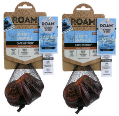 ROAM Ostrich Dog Chew en empaque frontal, snack duradero para perros pequeños.