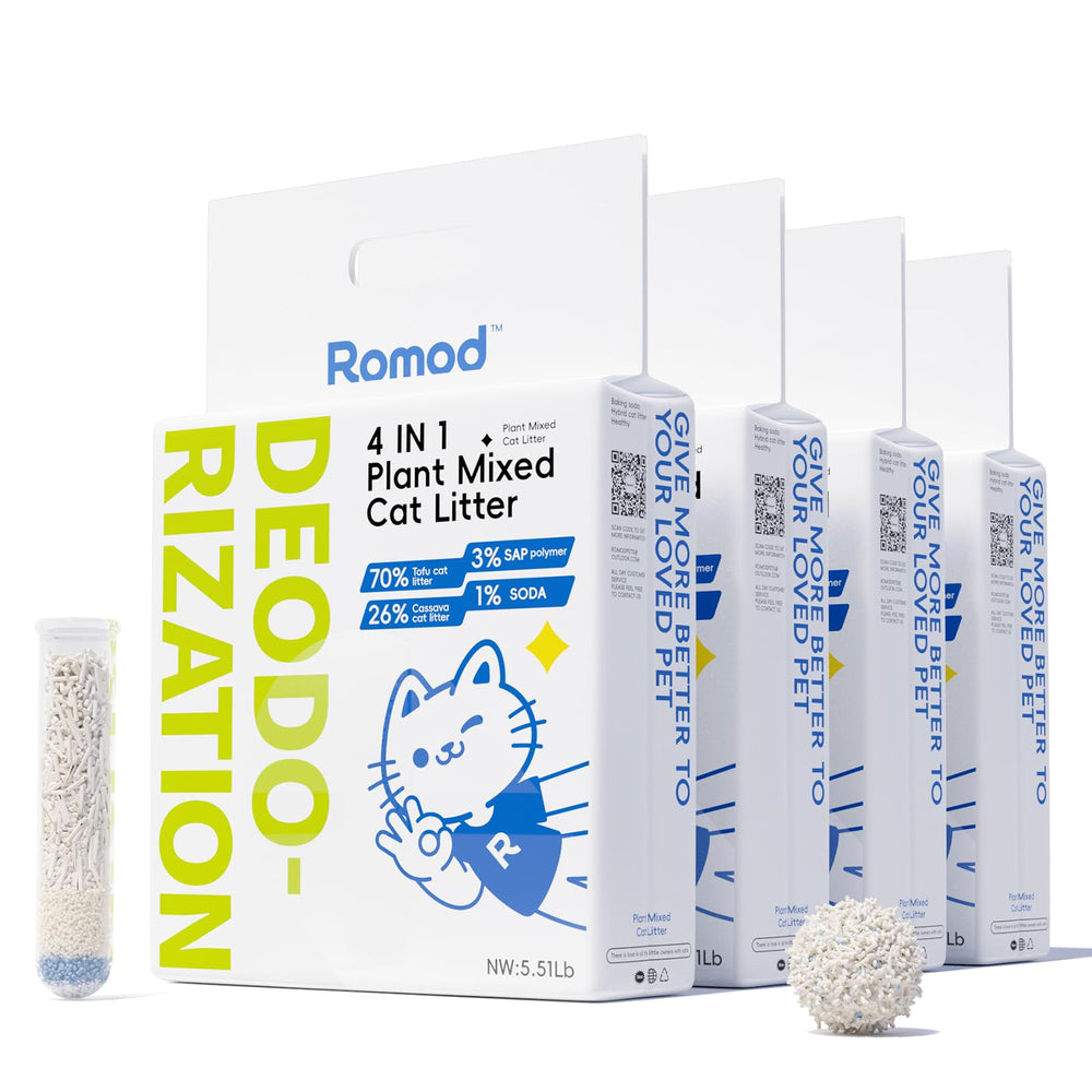 Romod arena para gatos 4 en 1 con tofu, práctico empaque.