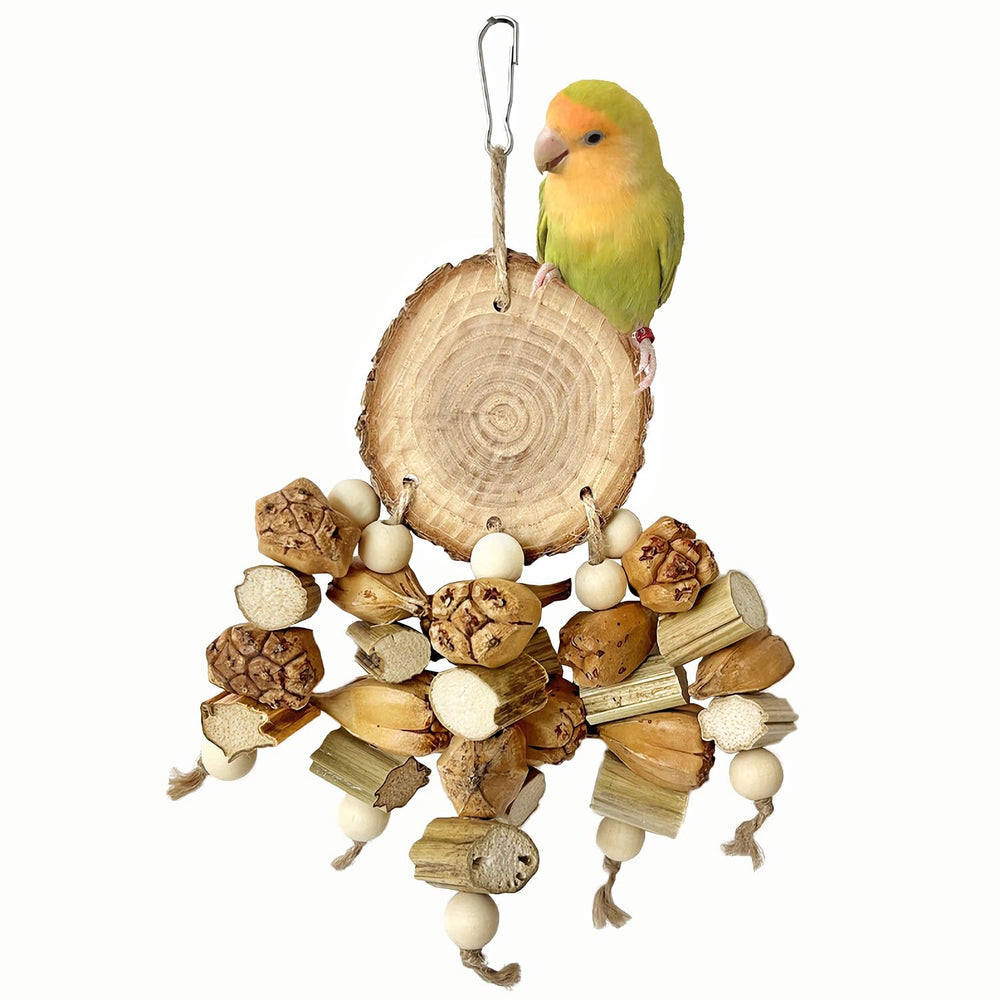 ROOJUNE percha natural con juguetes para aves, estimulación segura y masticación