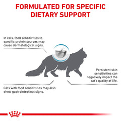 Royal Canin gato comiendo alimento hidrolizado para sensibilidad alimentaria.