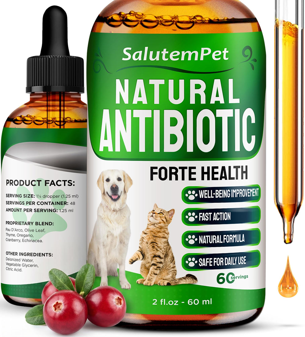 SalutemPet antibióticos naturales: botella visible, apoyo suave para la digestión de tu mascota.
