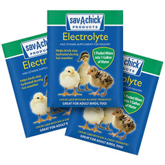 Sav-A-Caf Sav-A-Chick: Paquetes dosificados para electrolitos en agua de aves de corral, favoreciendo hidratación.