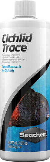 Seachem Cichlid Trace: botella vertiendo para reponer trazas esenciales de cíclidos