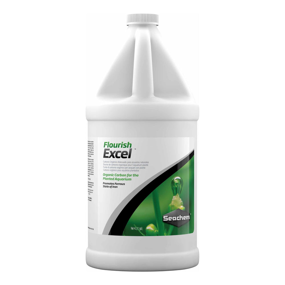 Seachem Flourish Excel, botella frontal, aporta carbono bio disponible para crecimiento saludable de plantas acuáticas.