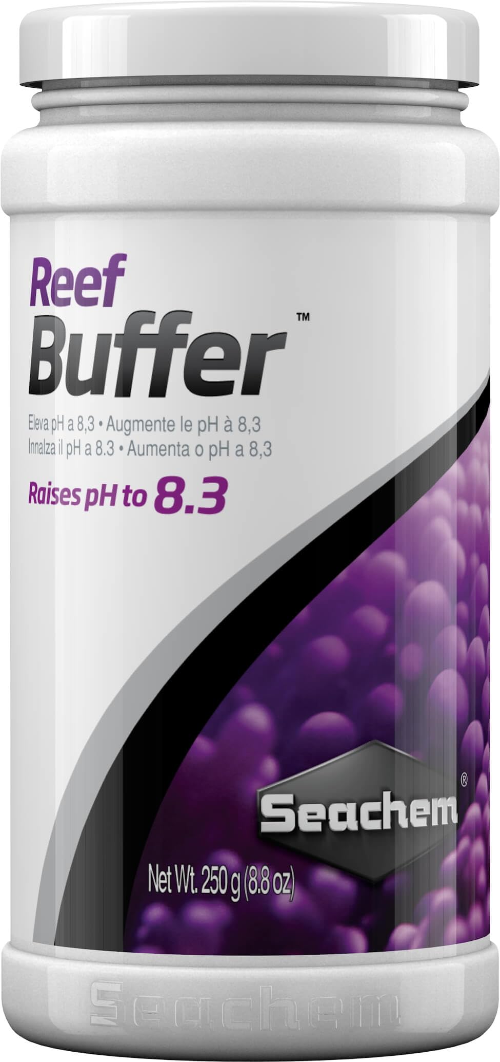 Frasco de Seachem Reef Buffer de 250 g para estabilizar pH y alcalinidad.