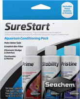 SureStart de Seachem, pack frontal, para acondicionar acuario y facilitar el inicio seguro.