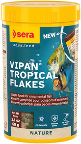 Sera Vipan Tropical Flakes en envase frontal, fórmula equilibrada para peces ornamentales con colores vivos.