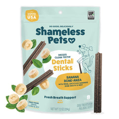 Shameless Pets Banana Bone-Anza en empaque, snack dental delicioso para mantener aliento fresco.