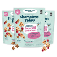 Gato disfrutando de las golosinas Shameless Pets con soporte digestivo, sabor crujiente.