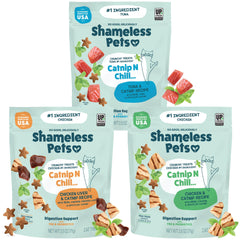Shameless Pets premios crujientes para gatos, snack sabroso con apoyo digestivo.
