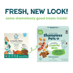 Golosinas Shameless Pets sin maíz y sin soya, ideal para dietas sensibles.