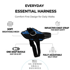 ShawnCo Essential arnés para perros, vista trasera, con tres anillos para mayor control.