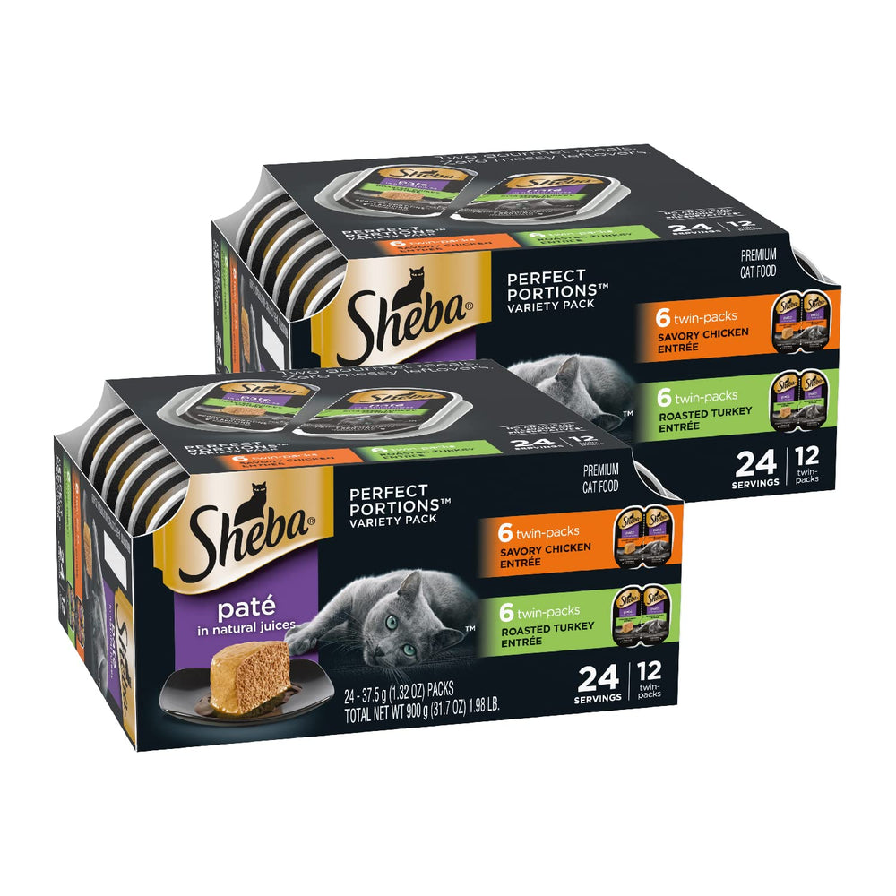 Sheba porciones perfectas pate de pollo en bandejas, proteína para gatos activos.