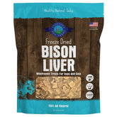 Shepherd Boy Farms higado de bison en bolsa frente, premio sabroso para perros y gatos.