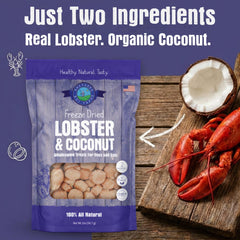 Empaque langosta-coco Shepherd Boy Farms, snack liofilizado sin granos.
