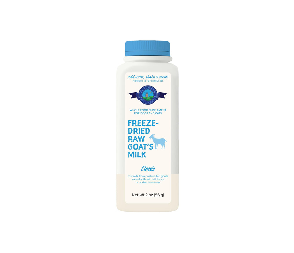 Leche de cabra liofilizada Shepherd Boy Farms con probióticos para perros y gatos