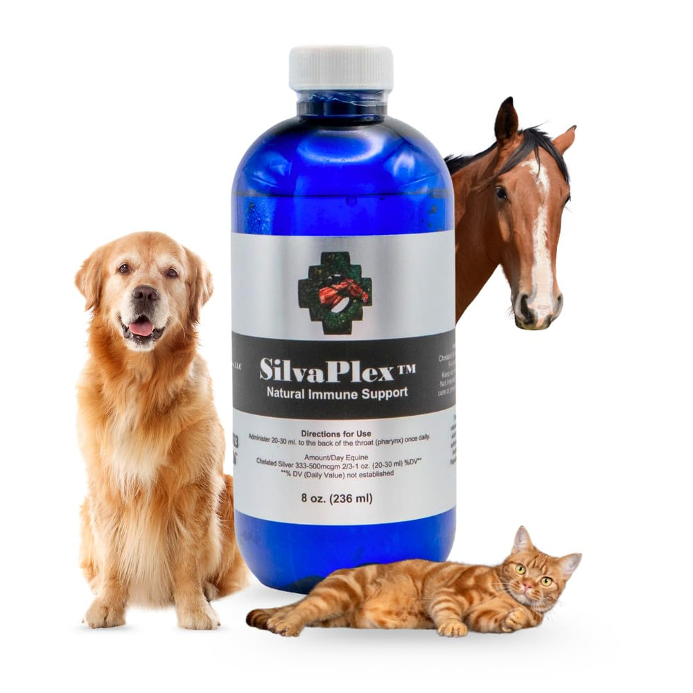 SILVAPLEX botella con plata 100ppm, posible apoyo al bienestar animal.