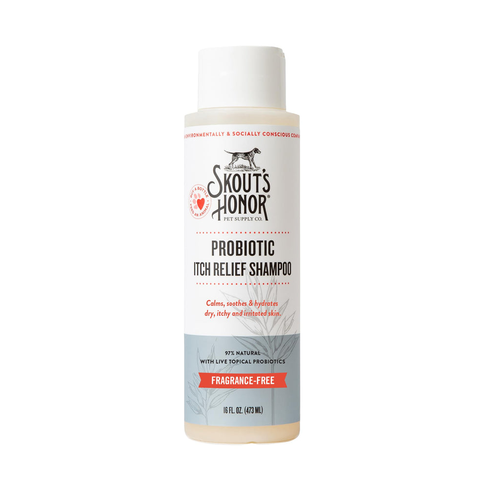 Shampoo probiótico SKOUT'S HONOR, botella frontal, alivio rápido de picazón en mascotas.