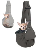 SlowTon Sling portador para perro pequeño visto de frente, transporte cómodo para mascotas.