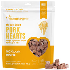 smallbatch-pets-empaque-corazon-cerdo-liofilizado: snack natural para perros y gatos, sin aditivos.