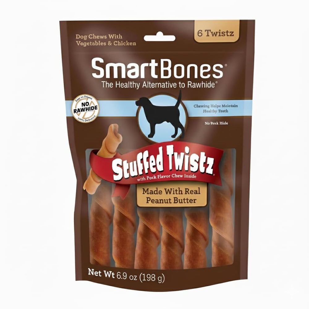 SmartBones Twistz rellenos de mantequilla de maní y centro de cerdo para perros