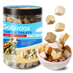 Sobirdos Turtle Treats envase frontal; snack para tortugas, apoyo a una dieta equilibrada